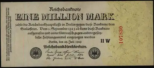 Geldschein Banknote Rechsbanknote Infla 1 Millionen Mark 92 c 25.7 1923 I-II