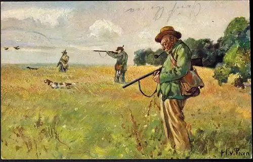 Ansichtskarte Motiv Jagd Hund Künstler Gewehr Waffen gelaufen 1906