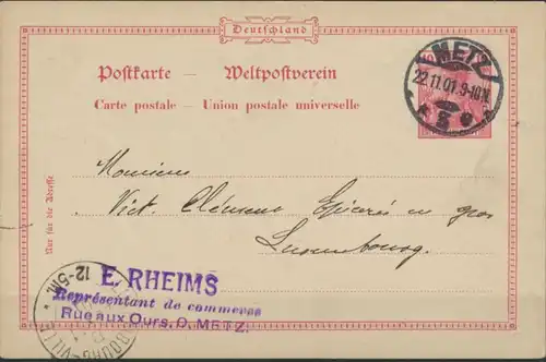 Deutsches Reich Ganzsache P 45 Metz nach Luxembourg 22.11.1901
