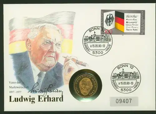 Bundesrepublik Numisbrief Ludwig Erhardt 1990 vergoldete 2DM-Münze