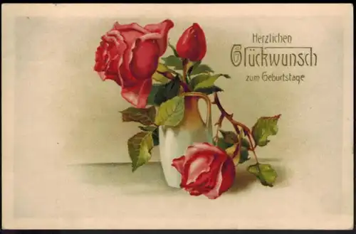 Ansichtskarte Geburtstag erhabener Golddruck Druck Blumen gelaufen 1917