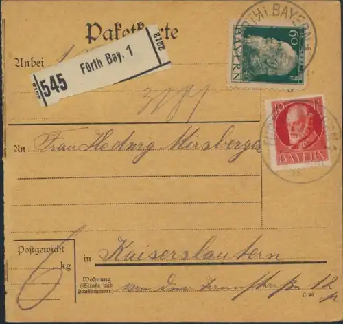 Deutsches Reich Paketkarte MIF Bayern 84 II + 96Ia Fürth nach Kaiserslautern