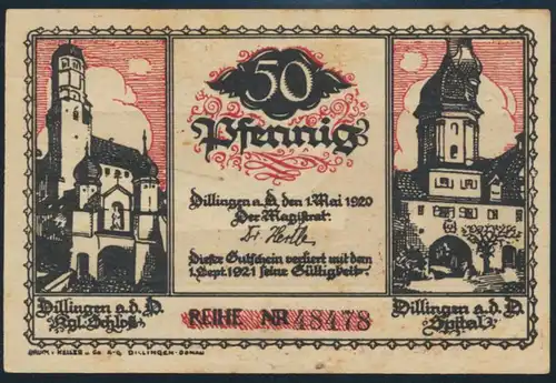 Geldschein Banknote Dillingen 50 Pfennig 1920