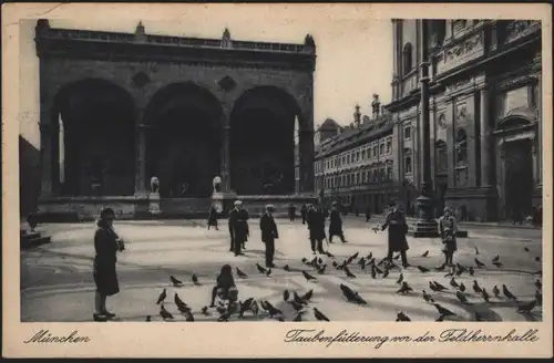 Ansichtskarte München Taubenfütterung Feldherrnhalle Werbe-St. Postauto n. Köln-