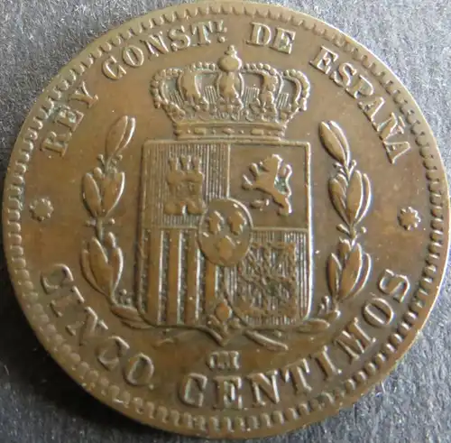 Münze Spanien 5 Centimos 1877 Schön: 161 vzgl.