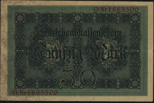 Geldschein 50 Mark Darlehenskassenschein 5.8.1914 50 b KN 7 stellig II.