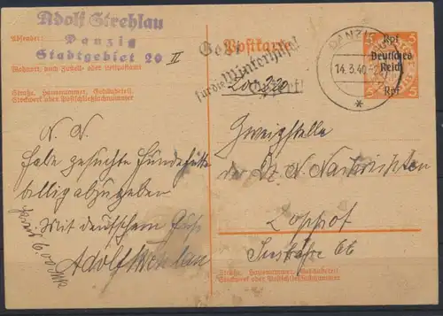 Deutsches Reich Ganzsache P 283 Werbestempel Danzig Winterhilfe n. Zoppot 300,-