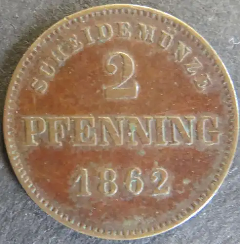 Münze Bayern 1862 -  2 Pfenning Scheidemünze Gekrönter Schild ss