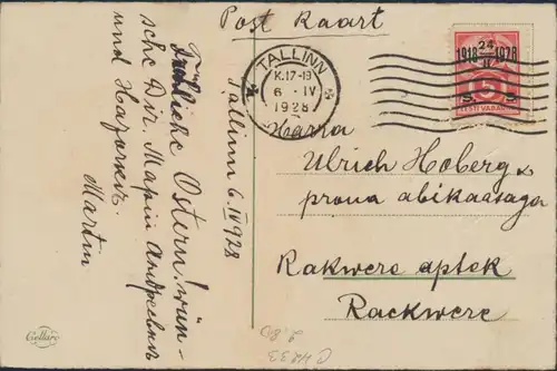 Estland Postkarte 69 Tallinn nach Rakvere Wesenberg 6.4.1928 Ostern Küken Ei