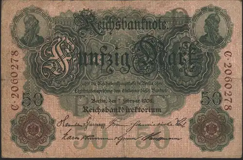 Geldschein Banknote Deutsches Reich Reichsbanknote 50 Mark 32 C 7.2.1908 II