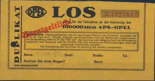 Deutsches Reich Los Verlosung des 100000sten 4 PS Opel Auto mit Wasserzeichen
