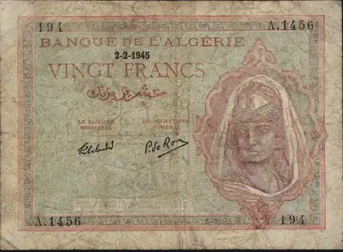 Geldschein Banknote Algerien franz. Kolonie III VF 92 b Vingt 20 Francs 2.2.1945