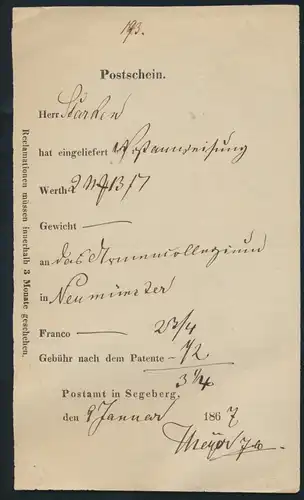 Schleswig Segeberg Postschein für eine Postanweisung nach Neumünster 9.1.1867