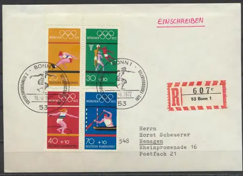Bund Sport Olympia R Brief Heftchenblatt HB 22 als FDC Bonn Kat.-Wert 50,00