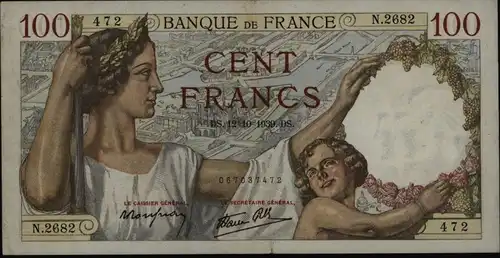 Geldschein Banknote Frankreich 100 Cent Francs 1939  II-III. EF-VF 94