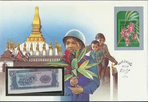 Geldschein Banknote Banknotenbrief Laos Lao Schein + Briefmarkenausgabe 1 Kip