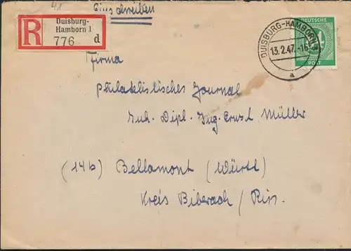 Besetzung Brief Einschreiben 936 b Duisburg-Hamborn nach Bellamont 13.2.1947