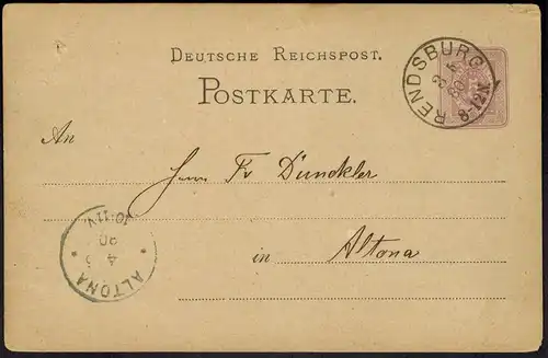 Deutsches Reich Ganzsache 5 Pfg. 3.5.1880 ab Rendsburg K1 nach Altona