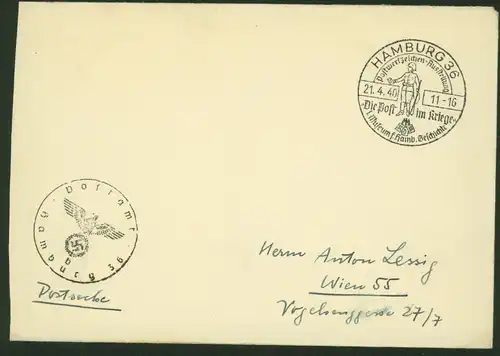 Deutsches Reich Postsache Brief SST Hamburg Die Post im Kriege Ausstellung 1940