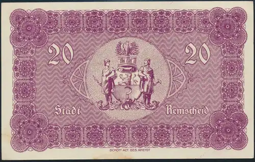 Geldschein Banknote Notgeld Remscheid 20 Mark 1918 vz