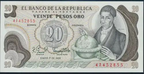 Geldschein Banknote Colombia Kolumbien 20 Pesos Oro 1982 UNC P409