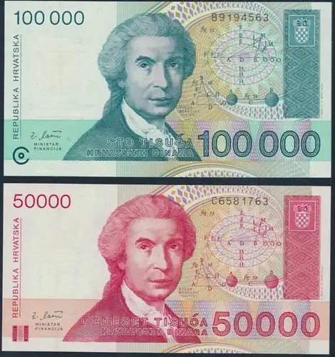 2x Geldscheine Banknoten Kroatien 50000+100000 Dinar P26-27 UNC