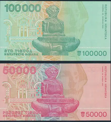 2x Geldscheine Banknoten Kroatien 50000+100000 Dinar P26-27 UNC