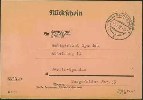 Bund Rückschein mit Stempel Briefannahme A.G. Berlin Spandau