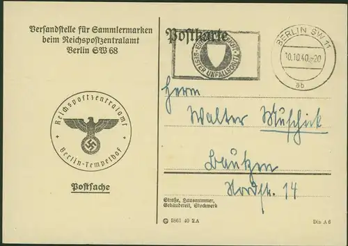 Deutsches Reich Berlin Postsache der Versandstelle für Sammlermarken