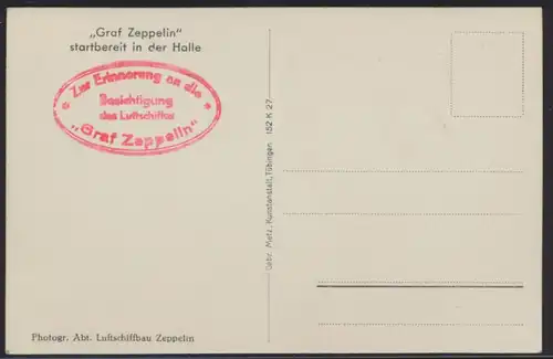 Flugpost Zeppelin air mail Ansichtskarte Startbereit in der Halle Verlag Metz
