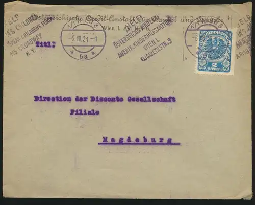 Österreich Brief mit Stempel amerikanische Kinderhilfsaktion Wien n. Magdeburg