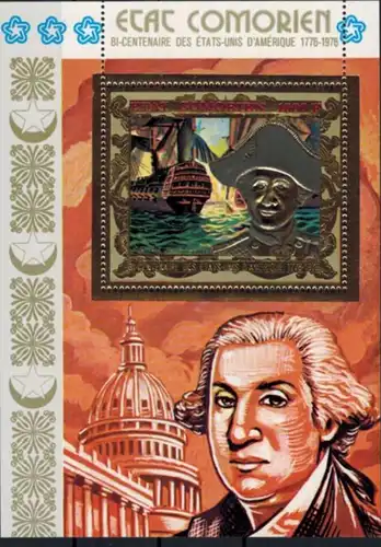Komoren zwei Blöcke 200 Jahre USA, George Washington u. Jones, Prägedruck Gold