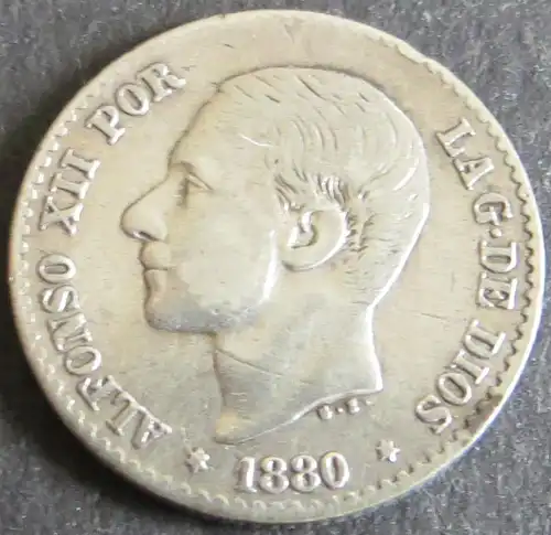 Münze Spanien Alfonso XII 50 Centimos 1880 vzgl. Schön: 163