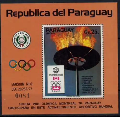 Paraguay Olympia Sport Block Sommerspiele Montreal Olympische Flamme postfrisch