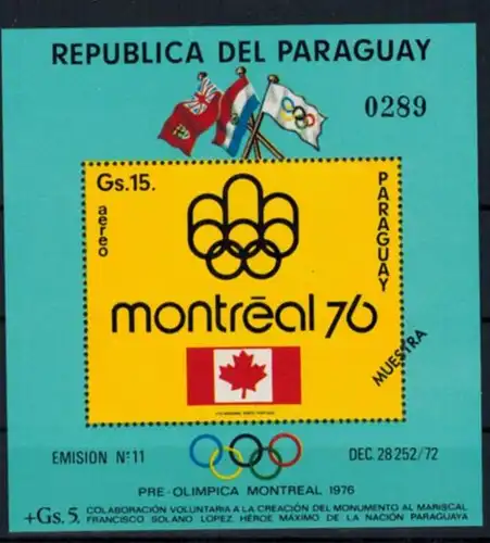 Paraguay Olympia Sport Block Sommerspiele Montreal Aufdruck Muestra postfrisch