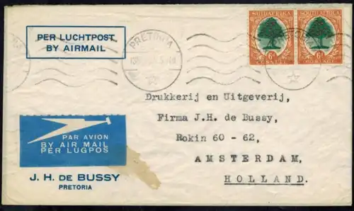 Südafrika 59-60 Auslandsbrief Paar MEF 6d. Pretoria - Amsterdam Niederlande.