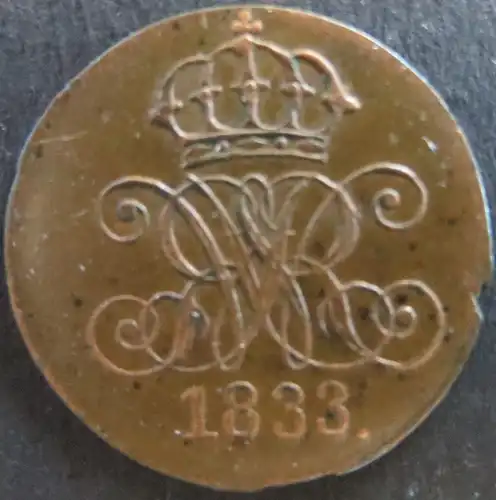 Münze Hannover 80 - 1 Pfennig 1833 A Scheidemünze Spiegelmonogramm Kupfer ss