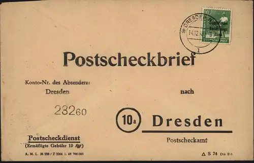 SBZ Brief EF 185 Postscheckbrief Dresden 14.12.1948 Motiv Post Postgeschichte