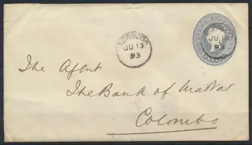 Ceylon Sri Lanka Ganzsache U 27 5c Victoria Norwood Colombo postal stationery