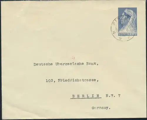 Surinam Ganzsache Umschlag 15c blau 1938 Paramaribo n. Berlin postal stationery