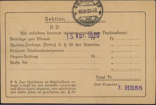 Postsache Schweiz Nachnahmekarte EF 139x Tell Zürich 1920 Zettel nicht eingelöst