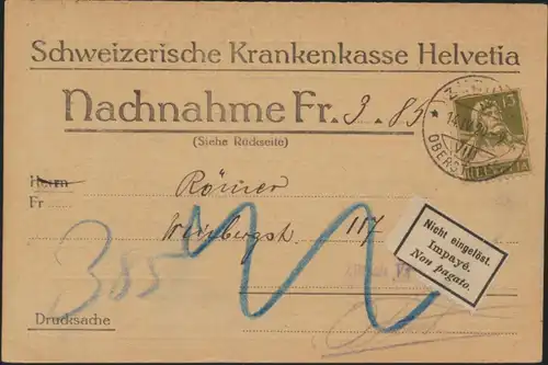 Postsache Schweiz Nachnahmekarte EF 139x Tell Zürich 1920 Zettel nicht eingelöst