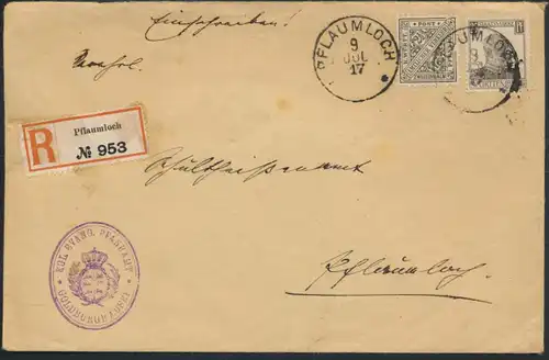 Altdeutschland Württemberg R Brief MIF Dienst 237 246 Pflaumloch 9.7.1917
