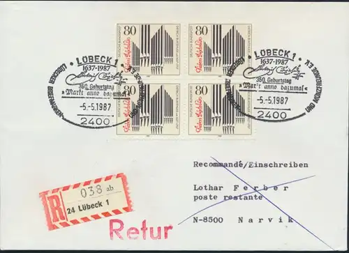 Bund Brief Einschreiben Retour MEF1323 Viererblock FDC Lübeck Narvik Polarkreis