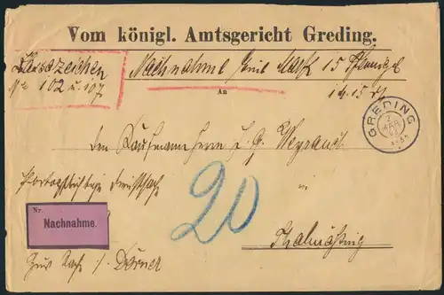 Deutsches Reich Dienstbrief Nachnahme aus GREDING n. THALMAESSING Nachtaxierung