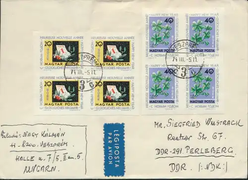Ungarn Brief Luftpost 1983+1985 Viererblock Veszprem nach Perleberg DDR