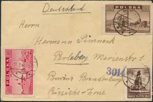 Polen Brief MIF 393+414+418 Slupsk nach Perleberg 17.9.1946