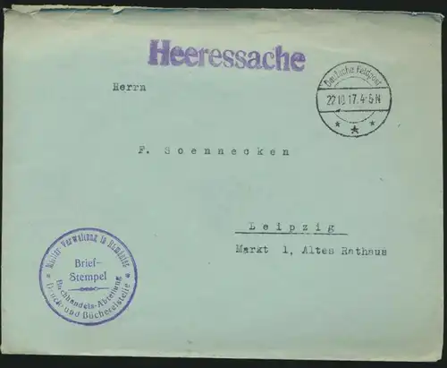 Militaria Deutsches Reich Brief Feldpost Heeressache I. Weltkrieg 22.10.1917