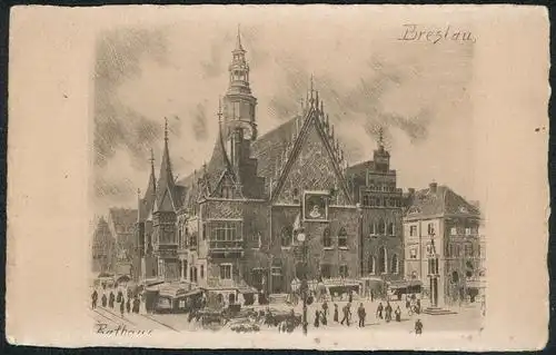 Ansichtskarte Breslau Handabzug Original Radierung vom Rathaus