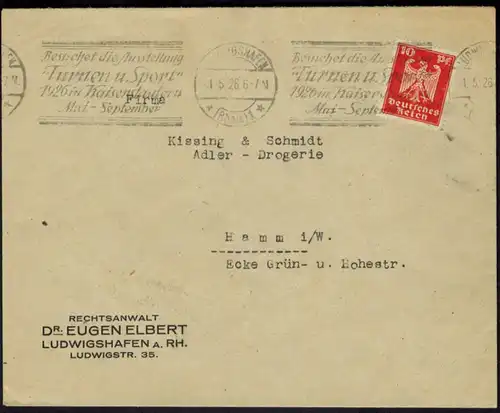 DR Sport 1926 Brief mit Werbestempel Ausstellung Turnen & Sport Kaiserslautern